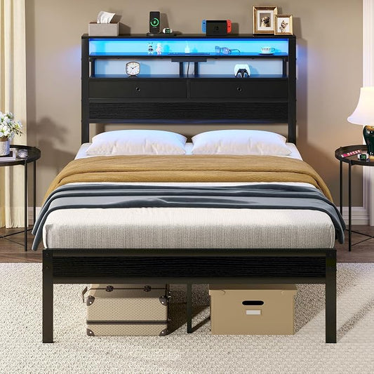 Sweetcrispy Bed Frame Full Size with LED Lights and Charging Station, Sturdy Platform Beds Frame with Storage Drawers, 3-Tier Shelves and Under Bed Storage, No Box Spring Needed, Black