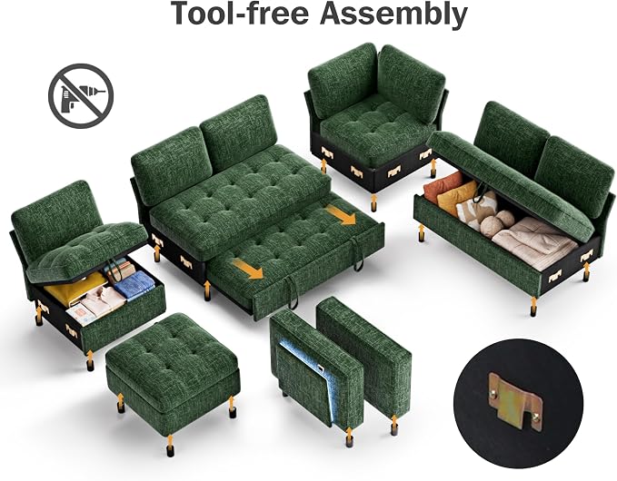 Vipbear 7 Seat L Shaped Modular Sectional Sleeper Sofa Bed with Ottoman/Pull Out Bed/Reclining Backrest/USB Ports/Table/LED Light/Storage Seat, Tool-Free Assembly, Chenille Green