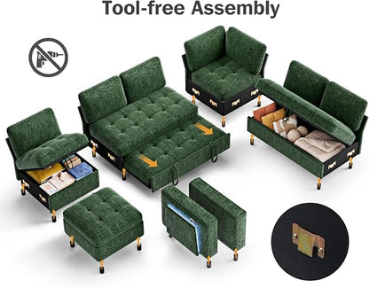 Vipbear 7 Seat L Shaped Modular Sectional Sleeper Sofa Bed with Ottoman/Pull Out Bed/Reclining Backrest/USB Ports/Table/LED Light/Storage Seat, Tool-Free Assembly, Chenille Green