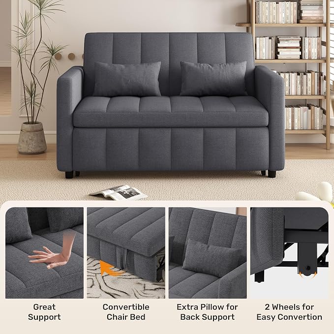 Nebuaegis Sleeper Sofa Bed,3-in-1 Convertible Pull Out Couch with Adjustable Backrest for Living Room,Loveseat Sofa Bed with Side Pockets,Easy Assembly,Light Gray,1 PCS