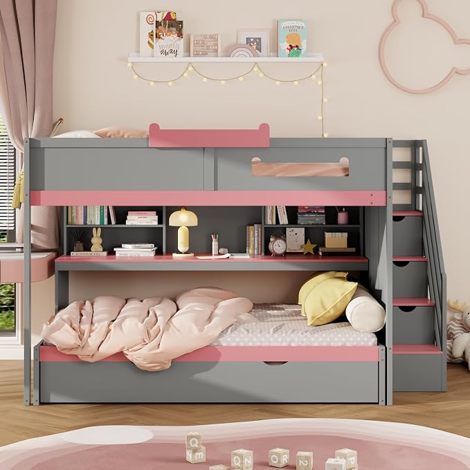 Wood Bunk Bed Full Over Full Size with Storage Staircase and Shelves, Bunk Beds Frame with Trundle and LED for Kids Teens, Space-Saving (Gray-12.15)