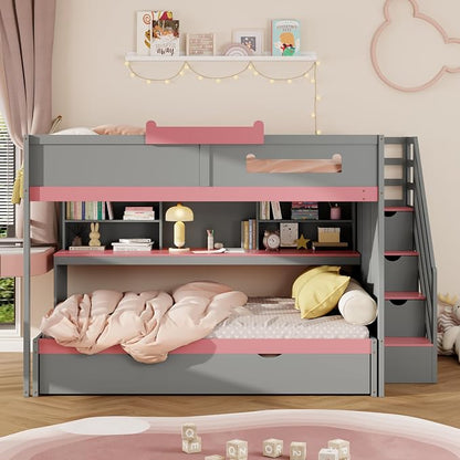 Wood Bunk Bed Full Over Full Size with Storage Staircase and Shelves, Bunk Beds Frame with Trundle and LED for Kids Teens, Space-Saving (Gray-12.15)