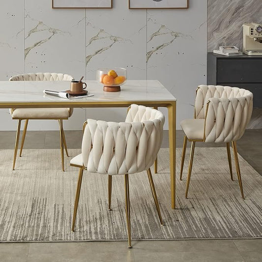 Velvet Dining Chairs Set of 4, Modern Dining Chair with Golden Metal Legs, Woven Upholstered Dining Chairs for Dining Room, Kitchen, Vanity, Living Room (Beige)