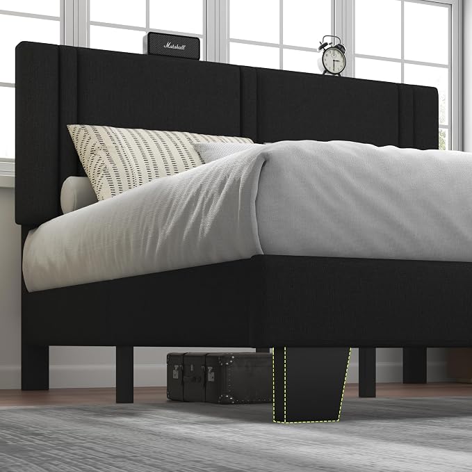 Feonase Full Size Platform Bed Frame, Fabric Upholstered Full Bed Frame, Solid Wood Slats & Heavy Duty Feet Support, No Box Spring Needed, Noise-Free, Easy Assembly, Black