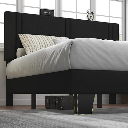 Feonase Full Size Platform Bed Frame, Fabric Upholstered Full Bed Frame, Solid Wood Slats & Heavy Duty Feet Support, No Box Spring Needed, Noise-Free, Easy Assembly, Black