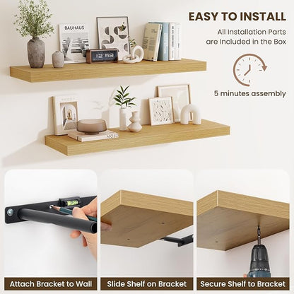 Fun Memories 32 x 10 Floating Shelves Wall-Mounted - Rustic Wood Shelf - 10 Inch Deep Floating Shelves for Wall - Large Storage Shelf for Bathroom - Kitchen & Bedroom - Oak - Set of 2