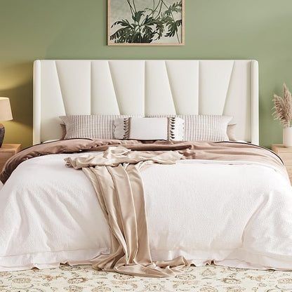 Allewie King Size Platform Velvet Bed Frame with Geometric Wingback Headboard, Boho Upholstered Bed with Wooden Slats Support, No Box Spring Needed, Easy Assembly, Cream