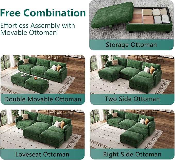 Modular Sectional U Shaped Sofa Couches for Living Room, Cloud Couch with Storage Ottoman, Comfy Chenille Sofa with Pillow, Green