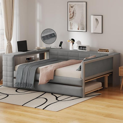 Bellemave Full Corner Bed Frame with Trundle and Storage Shelves and Desk, Wood Full Size Upholstered Daybed with Trundle and Charging Station, Gray