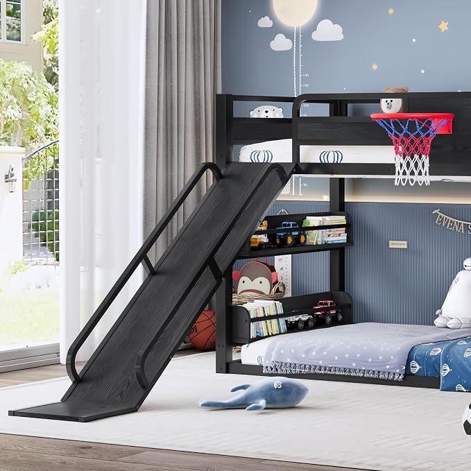 Bellemave Twin XL Bunk Bed with Basketball Hoop, Pull-up Rings and Climbing Wall, Twin XL Bunk Bed with Slide and Bookcase, Heavy Duty Bunk Beds with Guardrail, Black