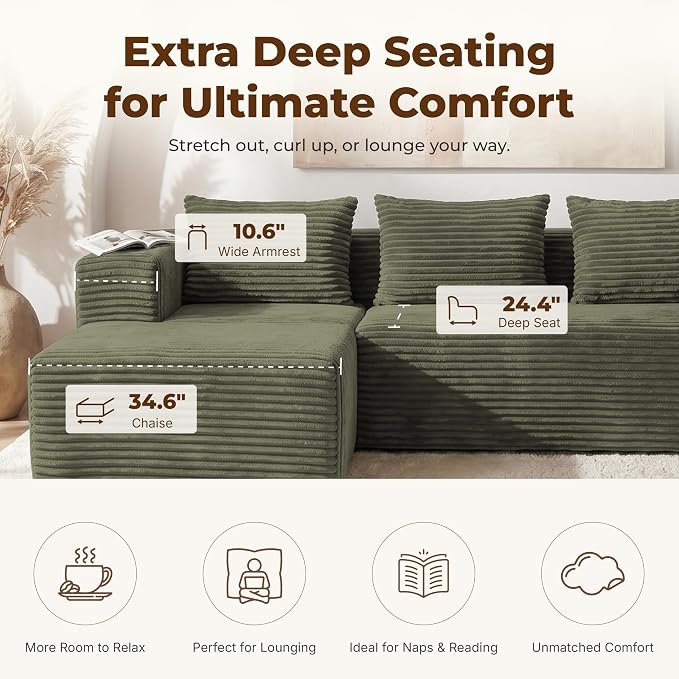 Modular Sectional U-Shaped Sofa with Deep Seat, Modern Boneless Comfy Corduroy Fluffy Couch with Side Pockets and Anti-Slip & Floor-Friendly Bottom for Living Room, No Assembly, Green