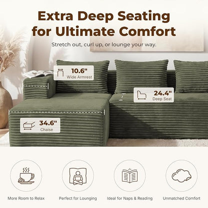 Modular Sectional U-Shaped Sofa with Deep Seat, Modern Boneless Comfy Corduroy Fluffy Couch with Side Pockets and Anti-Slip & Floor-Friendly Bottom for Living Room, No Assembly, Green