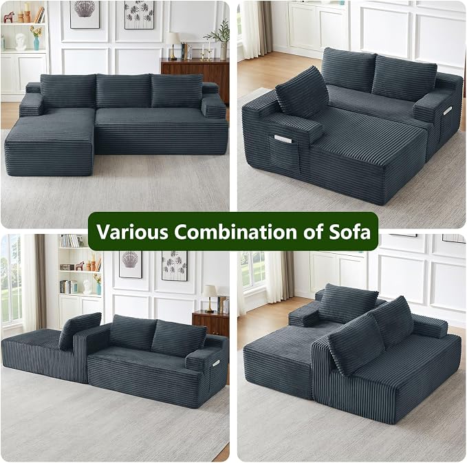 96" Modular Sectional Sofa, Modern Corduroy Cloud Couch, Boneless Couch Upholstered 3-Seater L-Shaped Sofa for Living Room, No Assembly Required (Dark Grey, Left-Facing Chaise)