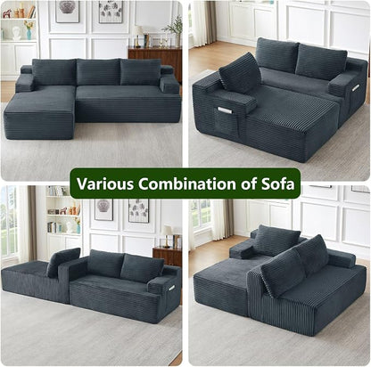 96" Modular Sectional Sofa, Modern Corduroy Cloud Couch, Boneless Couch Upholstered 3-Seater L-Shaped Sofa for Living Room, No Assembly Required (Dark Grey, Left-Facing Chaise)