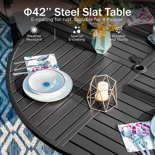 PHI VILLA 5 Pieces Patio Dining Set, Outdoor Furniture with 4 Aluminum Stackable Chairs & 1 Large Round Dining Table, Extra Wide Textilene Mesh Fabric Chair and 42" Metal Table for All Weather, Blue