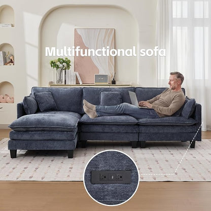 Opiesit Modular Sectional Sofa with Movable Ottoman, 110" 4-Seat Modern Couches for Living Room, Comfy L Shaped Couch Set with Deep Seat for Office and Apartment, Blue Chenille Fabric