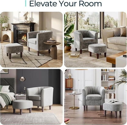 LINSY Accent Chair with Ottoman, Modern Barrel Chair Comfy Armchair Reading Chair with Footrest, Round Arms Chair for Living Room Bedroom Reading Room, Velvet, Light Grey