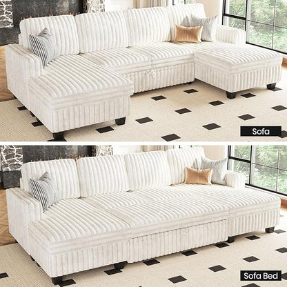 Belffin Modular Sectional Sleeper Sofa with Pull Out Couch Bed Corduroy Double Chaise with Storage Beige Couch