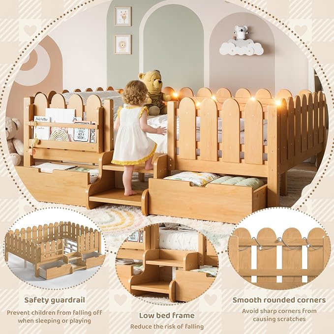 Bellemave Full Kids Montessori Bed with Stairs, Bookshelf and LED Lights, Solid Wood Kids Bed Frame with Storage Drawers for Boys Girls, Low Profile,Natural