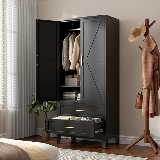 LCAOPC 71" Tall Metal Wardrobe Cabinet with 2 Drawers and Hanging Rod, 2 Doors Armoire Wardrobe Closet with Shelf for Bedroom, Office, Laundry Room, Black