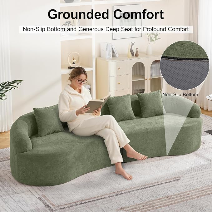 110.2" Curved Boneless Couch, Oversized Cloud Sofa with 4 Pillows, Modern 4 Seater Modular Sectional Sofa, Boneless Sectional Couches for Living Room, Curved Foam Couch, Green