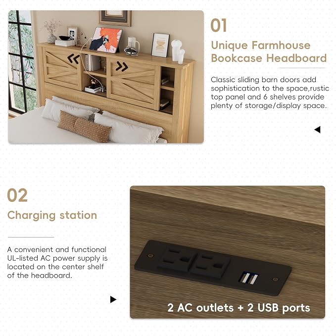 Farmhouse 3-Pieces Bedroom Sets, Queen Size Platform Bed with a Nightstand and 6-Drawer Storage, Wood Platform Bed with Double Sliding Door Storage Headboard and Charging Station (Queen)