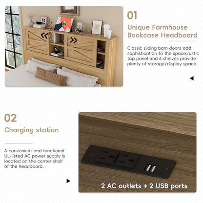 Farmhouse 3-Pieces Bedroom Sets, Queen Size Platform Bed with a Nightstand and 6-Drawer Storage, Wood Platform Bed with Double Sliding Door Storage Headboard and Charging Station (Queen)