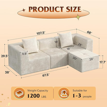 WLIVE 108'' Cloud Sectional Couches for Living Room, Modular Boneless Couch with Facing Chaise, L Shape Memory Foam Corduroy, with Ottoman, Greyish Beige