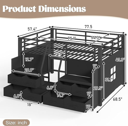 Bellemave Full Low Loft Bed,Metal Kids Loft Bed Frame for Boys Girls,Black | Fabric Drawers,LED Lights,Storage Shelves,Under-bed Space,Space-saving