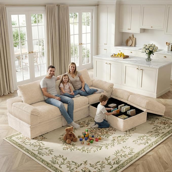 107" Modular U-Shaped Sectional Sofa with Storage, 3-Seat Corduroy Boneless Couch, 27" Deep Seat Cloud Couch & 2 Movable Ottoman, Tool-Free Assembly, Couch for Living Room, Beige