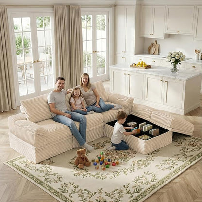 107" Modular U-Shaped Sectional Sofa with Storage, 3-Seat Corduroy Boneless Couch, 27" Deep Seat Cloud Couch & 2 Movable Ottoman, Tool-Free Assembly, Couch for Living Room, Beige