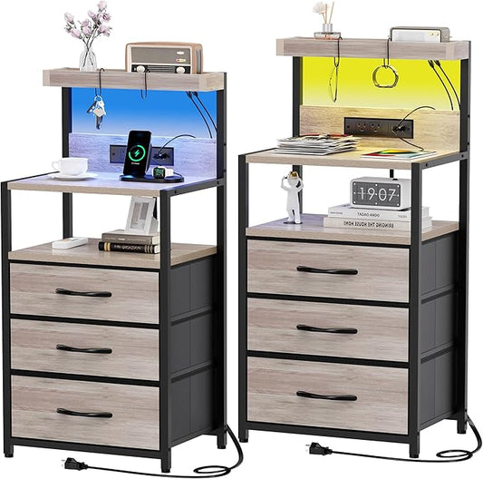 SZLHANJZ Nightstand Set of 2, Large Night Stand with LED Lights and Charging Station, 39-Inch Tall Bed Side Tables with Shelves, 3 Fabric Drawers Bedside Table for Bedroom, Greige