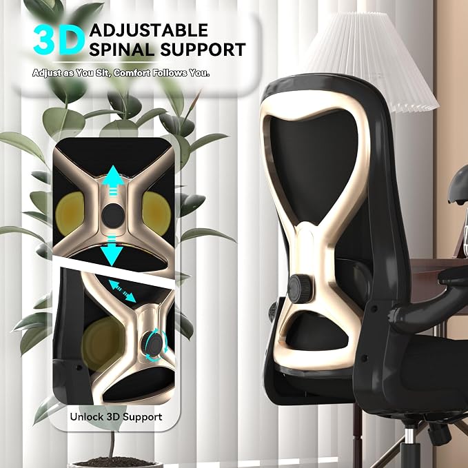 Ergonomic Home Office Chair – 4-Way Lumbar Support, 3.54" Extra-Thick Seat Cushion, Breathable Mesh Back, Flip-Up Arms, Swivel Computer Desk Chair for All-Day Sitting, 330LBS