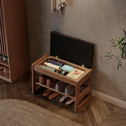 AQIMUELE Shoe Rack Bench,2 Tiers Shoe Bench with Storage with Flip-Top,Wood Shoe Rack for Entryway,Hallway（Dark Walnut Upholstered Seat,11.8" D x 23.62" W x 15.7" H）