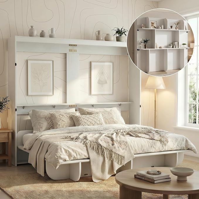 Mjkone Queen Size Wall Bed with Storage Shelf, Queen Wall Cabinet Murphy Beds with Bookshelf, 82" W Top Cabinet Bed Frame, Space-Saving Cabinets Beds for Bedroom/Guest Room/Studio/Office - White