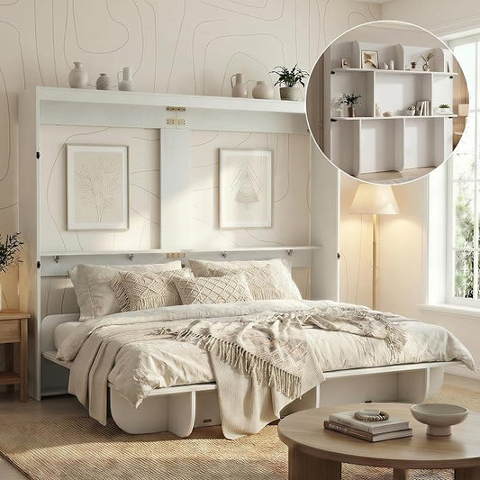 Mjkone Queen Size Wall Bed with Storage Shelf, Queen Wall Cabinet Murphy Beds with Bookshelf, 82" W Top Cabinet Bed Frame, Space-Saving Cabinets Beds for Bedroom/Guest Room/Studio/Office - White