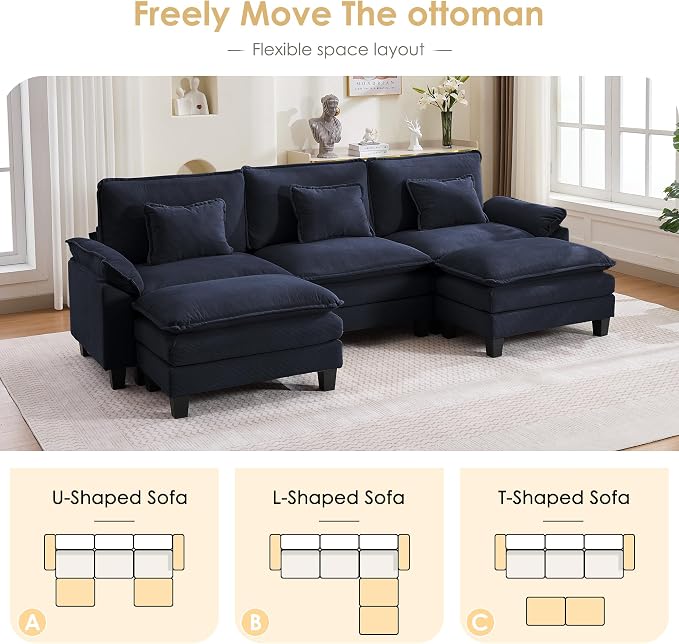 122" Corduroy Modular Sectional Sofa, Convertible U Shaped Modular Sofa Comfy Cloud Couch with Ottoman, Side Pockets and 3 Throw Pillows for Living Room, Blue, 5 Seats