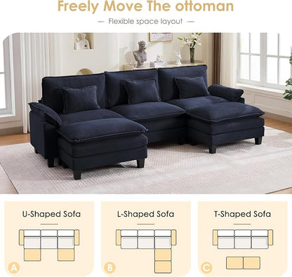 122" Corduroy Modular Sectional Sofa, Convertible U Shaped Modular Sofa Comfy Cloud Couch with Ottoman, Side Pockets and 3 Throw Pillows for Living Room, Blue, 5 Seats