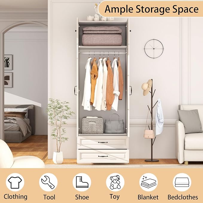 Armoire Wardrobe Closet with Drawers: Bedroom Armoires with Hanging Rod, Wooden Closet Cabinet for Hanging Clothes, Tall Wardrobes Closets with Doors and Shelves (White, 32")