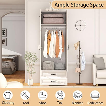 Armoire Wardrobe Closet with Drawers: Bedroom Armoires with Hanging Rod, Wooden Closet Cabinet for Hanging Clothes, Tall Wardrobes Closets with Doors and Shelves (White, 32")