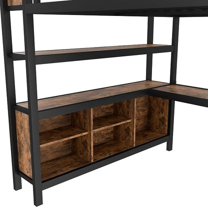 Bellemave Queen Size Loft Bed with Desk, Wardrobe, Storage Cubes and Shelves, Metal Queen Loft Bed Frame for Adults, Kids, Teens, Black and Woodgrain