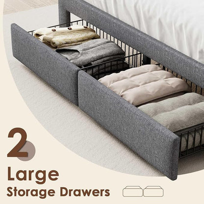 Driftalia LED Queen Bed Frame with 2 Storage Drawers, Upholstered Bed Frame Queen Size with Headboard and Charging Station, No Box Spring Needed, Easy to Assembly-Light Grey