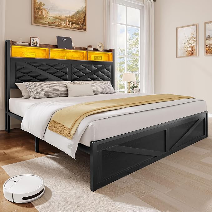 YITAHOME Queen Size Bed Frame with Storage Headboard and Large Under Bed Storage, Upholstered Platform with Charging Station and LED Light, No Box Spring Needed, Noise Free, Charcoal Black