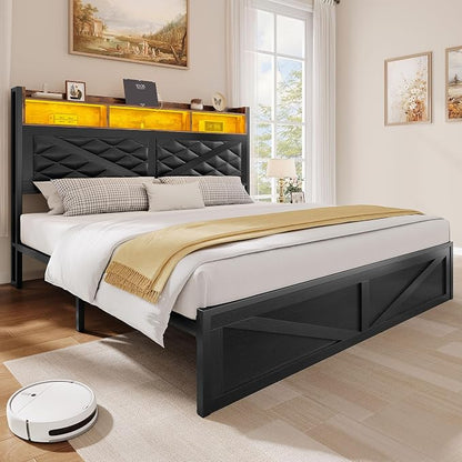 YITAHOME Queen Size Bed Frame with Storage Headboard and Large Under Bed Storage, Upholstered Platform with Charging Station and LED Light, No Box Spring Needed, Noise Free, Charcoal Black