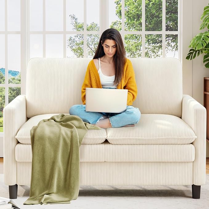 Welzona 3-Layers Cloud Loveseat Sofa, 51" Corduroy Small Couch for Living Room, Bedroom - Tool-Free Assembly Small Sofa - Beige - Futon Couch - Removable Washable Covers - 650lbs Capacity