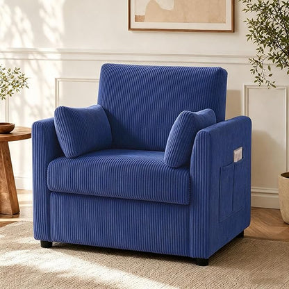 38" Modern Accent Chair, Corduroy Chair with Soft Pillows and Side Pockets, Comfy Single Reading Chairs for Living Room, Bedroom Navy Blue
