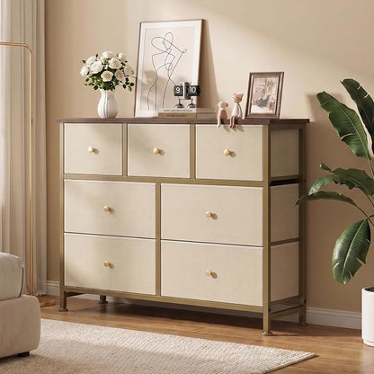 OLIXIS 7 Drawer Dresser for Bedroom, Tall Fabric Storage Tower with Sturdy Steel Frame and Wooden Top, Large Dresser for Living Room Entryway with Easy Pull Fabric Bins,Khaki