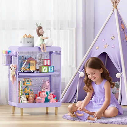 SYKIARIOL Kids Nightstand for Girls, Metal Bedside Table with 4 Hooks & Hanging Basket, 3-Tier Storage Shelf, Toddler Night Stand for Bedroom, Purple