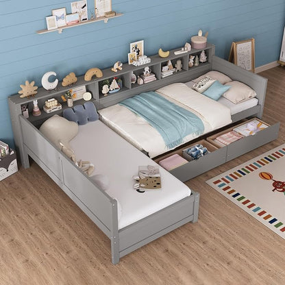 Bellemave L Shaped Corner Bed for 2 Kids, Double Twin Platform BedFrame with Storage Drawers and Shelves, Gray