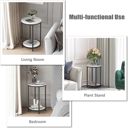WiberWi Round Side Table, Modern Nightstand End Table with Metal Frame &Faux Marble Top, Accent Bedside Table for Living Room Bedroom Small Spaces with Storage Open Shelf, White